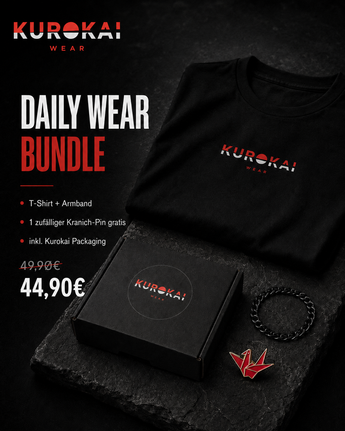 Titelbild des Kurokai Daily Wear Bundles mit T-Shirt und Armband aus Edelstahl
