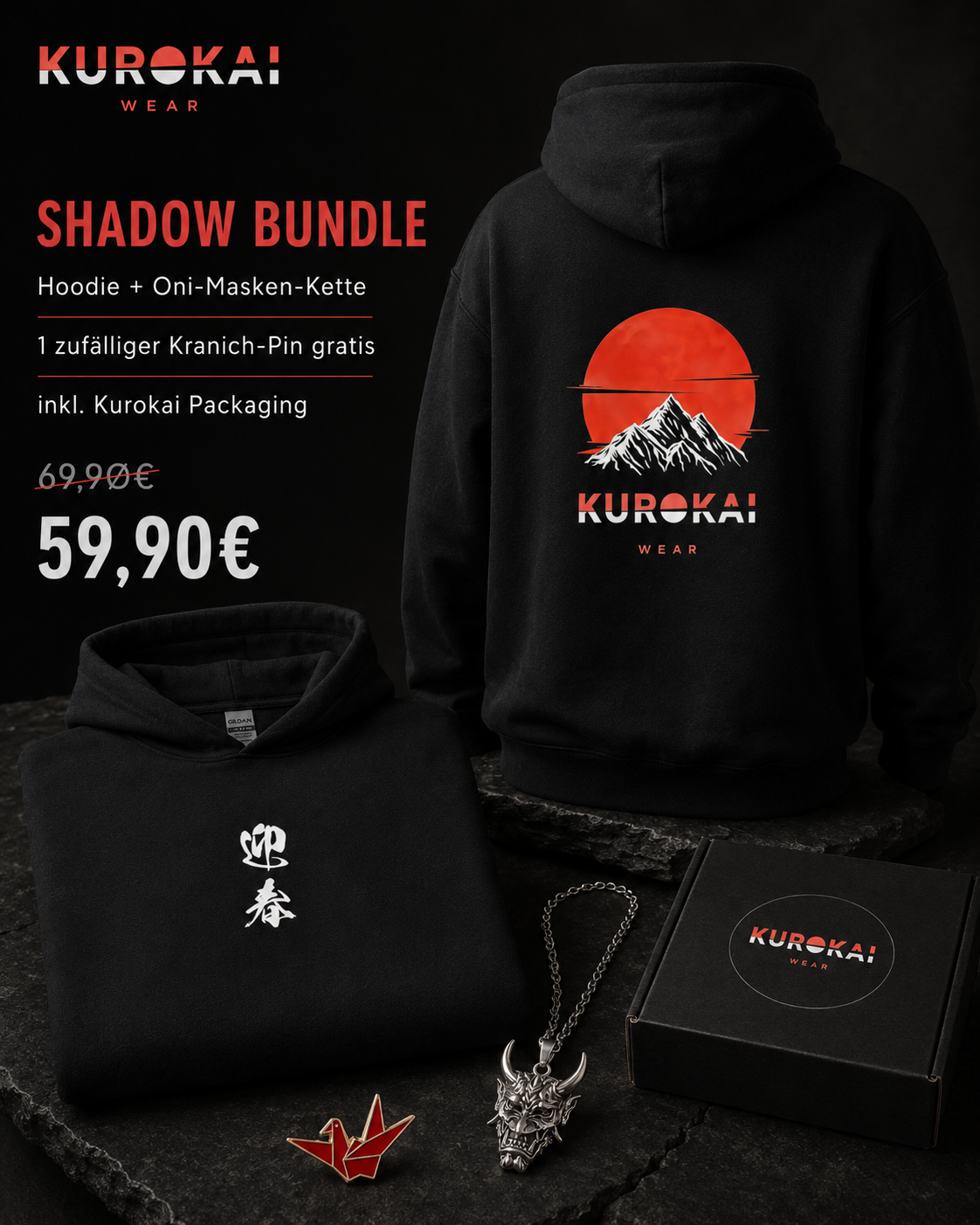 Titelbild des Kurokai Shadow Bundles mit Hoodie und Oni-Masken Kette