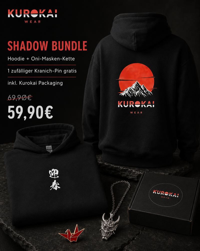 Titelbild des Kurokai Shadow Bundles mit Hoodie und Oni-Masken Kette